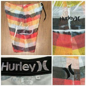 HURLEY Mens Swim Trunks sz 30 Board Shorts Red Yellow Black Stripe Spring 2010